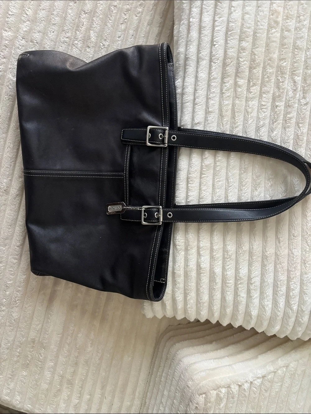 Coach Black Leather Shoulder Tote with White Contrast Stitching